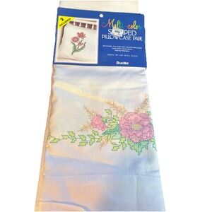 Vtg Bucilla Stamped Pillowcase Pair Pink Red Floral 20x30 Set Of 2 1998 No Floss